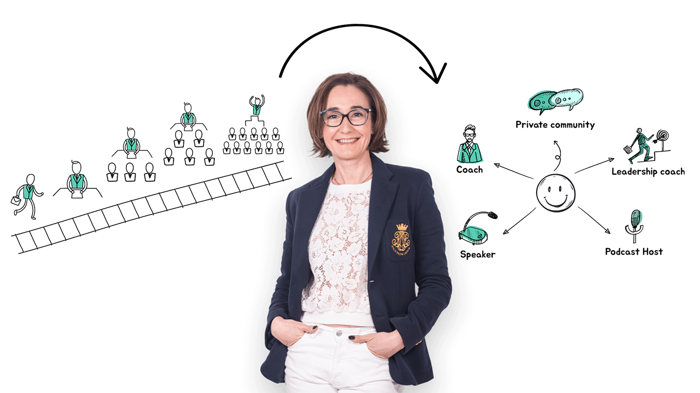 Diagram: climbing a single corporate ladder on the left, transitioning to a portfolio of roles — coach, private community, leadership coach, speaker, podcast host — on the right