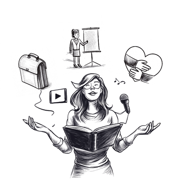 Illustration of one person juggling speaking, writing, video, consulting and coaching