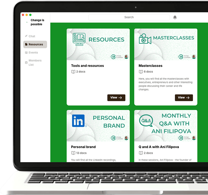 The Change is Possible member portal showing resources, masterclasses, personal brand and monthly Q&A sections